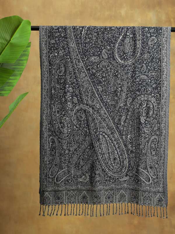 Paisley Jaal Merino Wool Hand Beaded Wrap - Fossil Grey