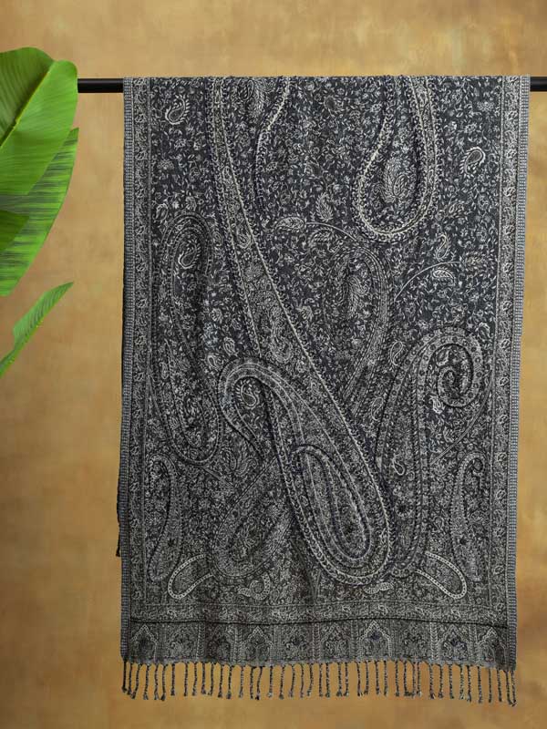 Paisley Jaal Merino Wool Hand Beaded Wrap - Fossil Grey