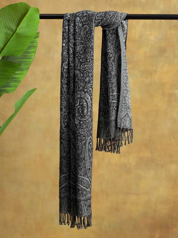 Paisley Jaal Merino Wool Hand Beaded Wrap - Fossil Grey