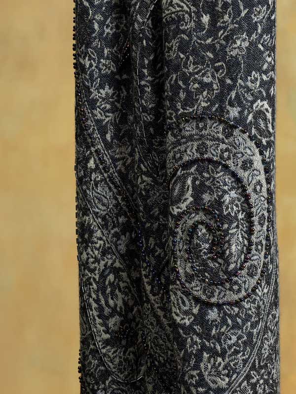 Paisley Jaal Merino Wool Hand Beaded Wrap - Fossil Grey