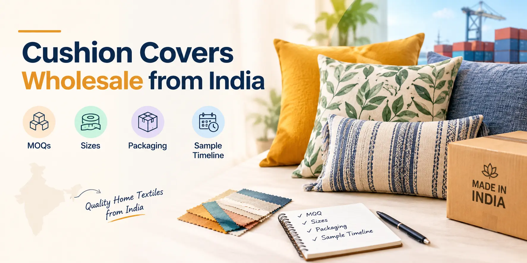 Buying Cushion Covers Wholesale from India: What MOQs, Sizes, Packaging, and Sample Timelines Actually Look Like